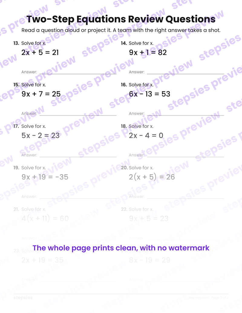 Two-Step Equations: Trashketball Review Questions: page 2