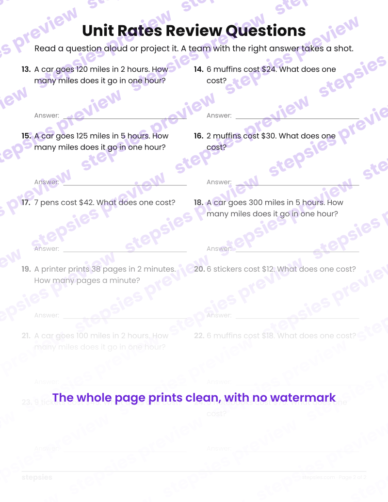 Unit Rates: Trashketball Review Questions: page 2