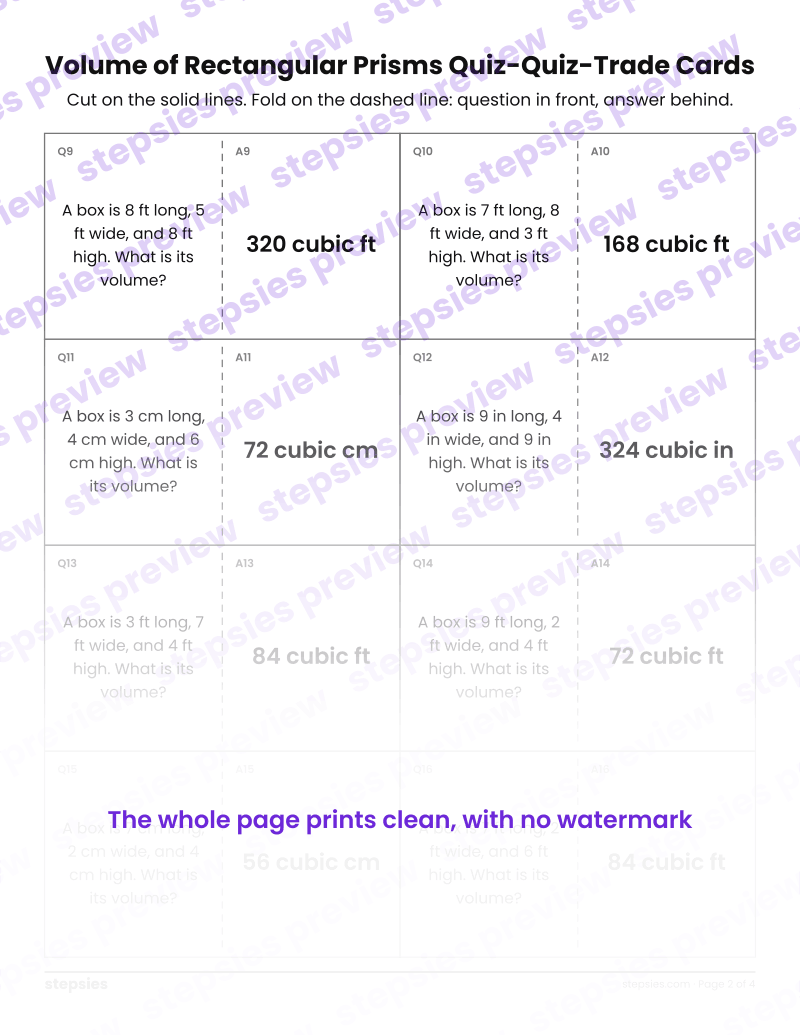 Volume of Rectangular Prisms: Quiz-Quiz-Trade Cards: page 2