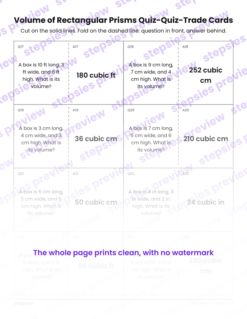 Volume of Rectangular Prisms: Quiz-Quiz-Trade Cards: page 3