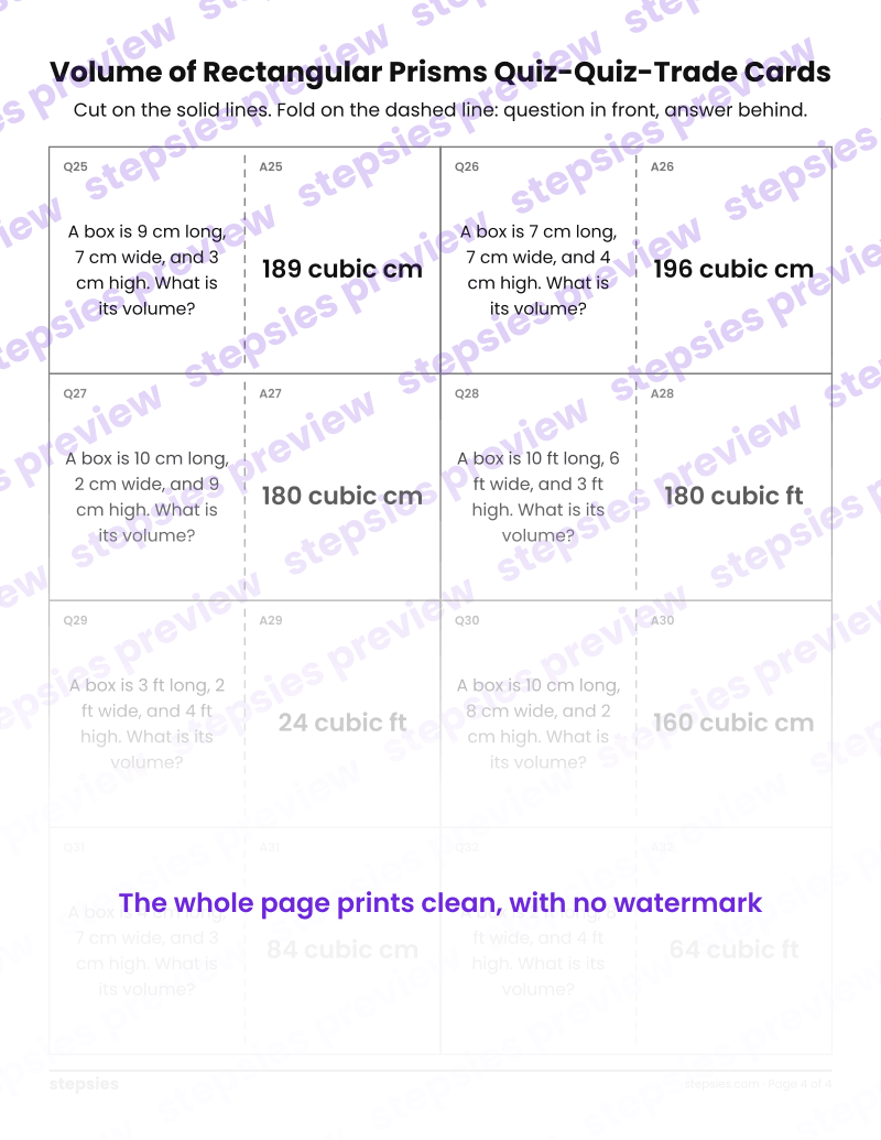 Volume of Rectangular Prisms: Quiz-Quiz-Trade Cards: page 4