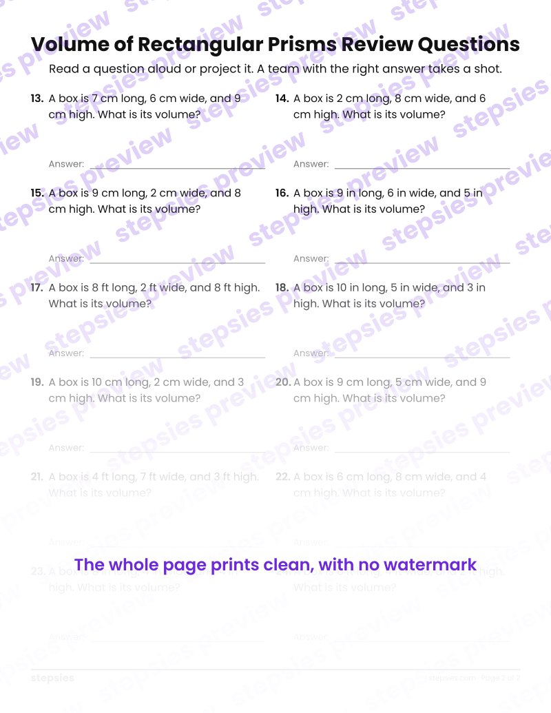 Volume of Rectangular Prisms: Trashketball Review Questions: page 2