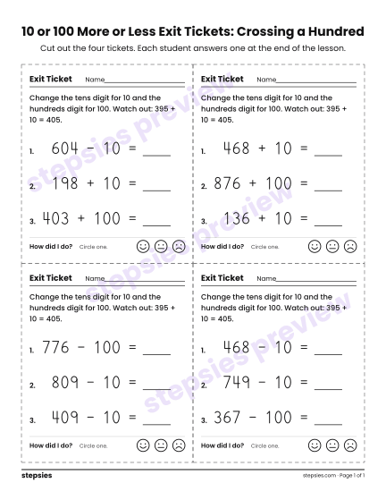 10 or 100 More or Less Exit Tickets: Crossing a Hundred, a free printable worksheet from Stepsies (Grade 2 Math)
