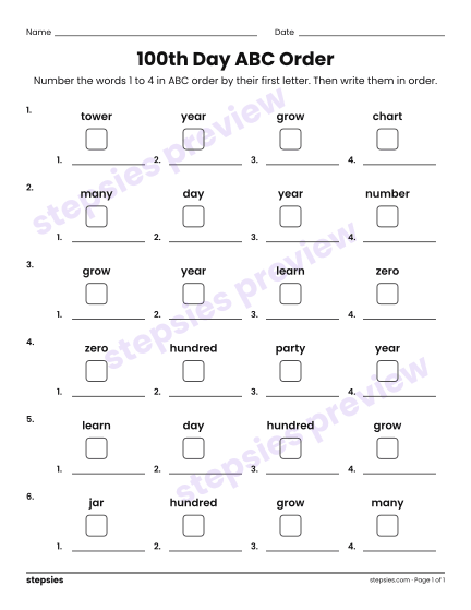 100th Day ABC Order, a free printable worksheet from Stepsies (Grades 1–2 Language · Level 1)