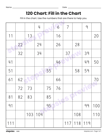 120 Chart: Fill in the Chart, a free printable worksheet from Stepsies (Grade 1 Math · Level 2)