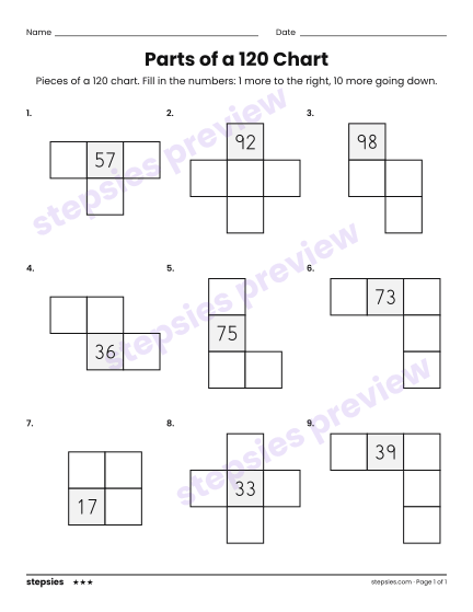 Parts of a 120 Chart, a free printable worksheet from Stepsies (Grade 1 Math · Level 3)