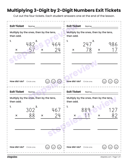 Multiplying 3-Digit by 2-Digit Numbers Exit Tickets, a free printable worksheet from Stepsies (Grade 5 Math)