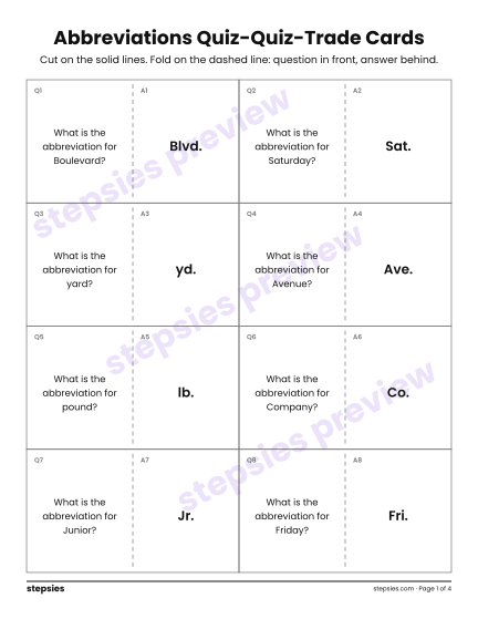 Abbreviations: Quiz-Quiz-Trade Cards, a free printable worksheet from Stepsies (Grade 3 Language)