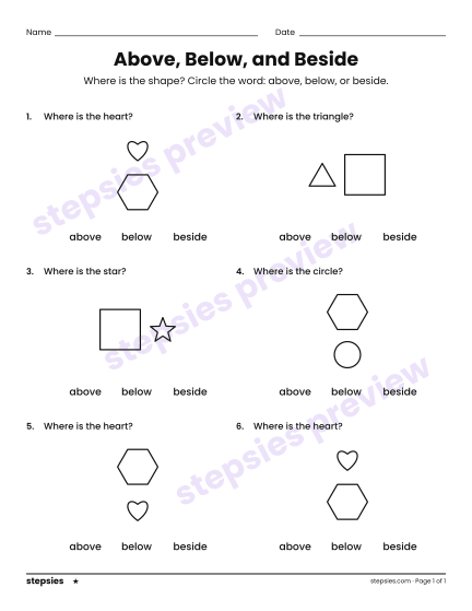 Above, Below, and Beside, a free printable worksheet from Stepsies (Grades K–1 Math · Level 1)