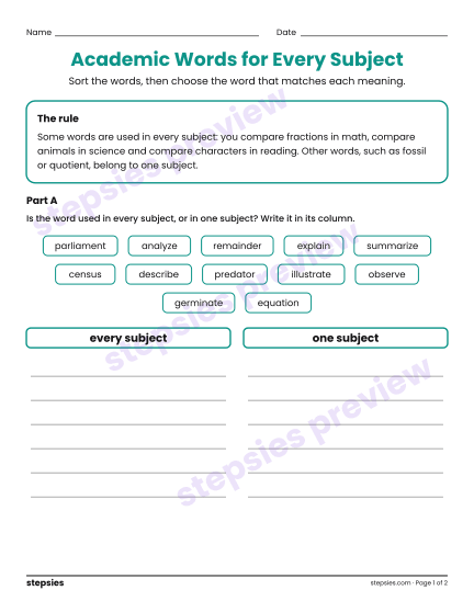 Academic Words for Every Subject, a free printable worksheet from Stepsies (Grades 4–5 Language · Level 2)