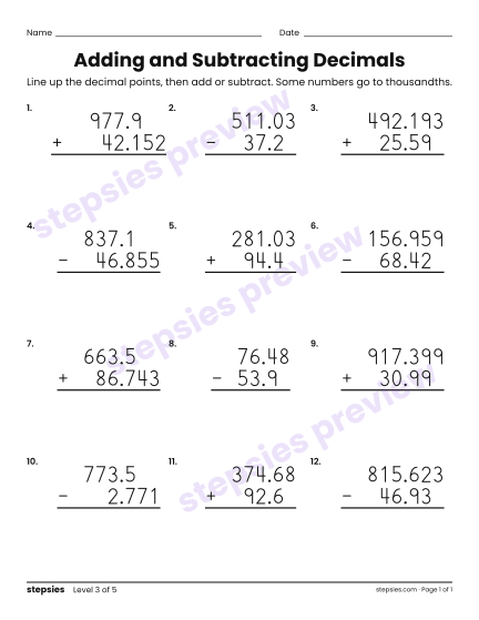 Adding and Subtracting Decimals, a free printable worksheet from Stepsies (Grades 5–6 Math · Level 3)