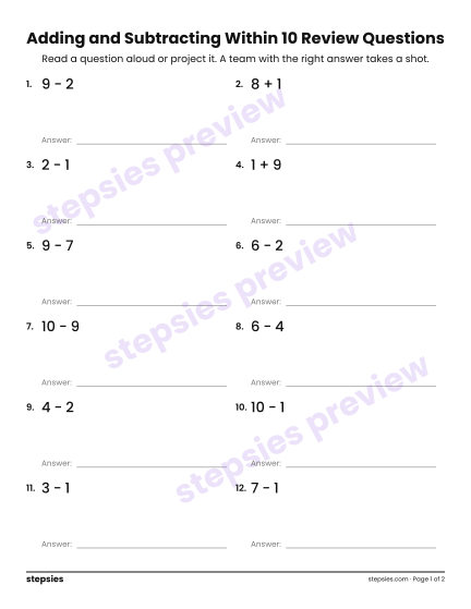 Adding and Subtracting Within 10: Trashketball Review Questions, a free printable worksheet from Stepsies (Kindergarten Math)