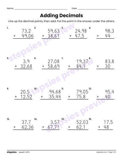 Adding Decimals, a free printable worksheet from Stepsies (Grades 4–5 Math · Level 1)