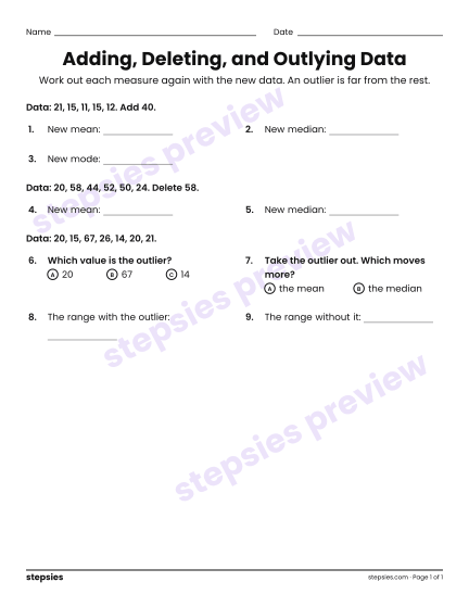 Adding, Deleting, and Outlying Data, a free printable worksheet from Stepsies (Grade 8 Math)