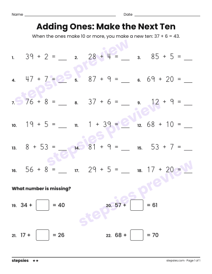 Adding Ones: Make the Next Ten, a free printable worksheet from Stepsies (Grade 1 Math · Level 2)