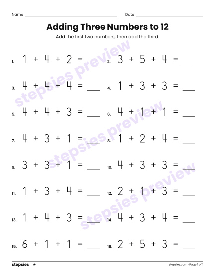 Adding Three Numbers to 12, a free printable worksheet from Stepsies (Grade 1 Math · Level 1)