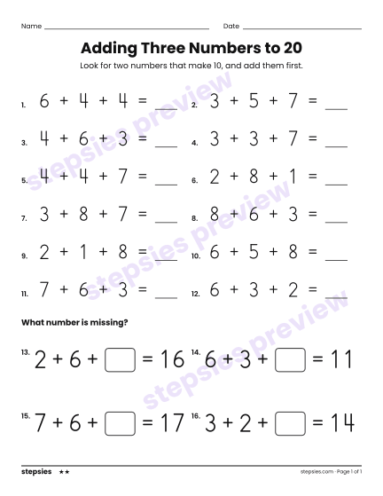 Adding Three Numbers to 20, a free printable worksheet from Stepsies (Grade 1 Math · Level 2)