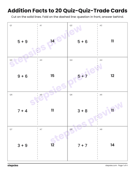 Addition Facts to 20: Quiz-Quiz-Trade Cards, a free printable worksheet from Stepsies (Grade 1 Math)