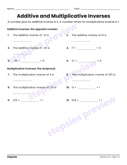 Additive and Multiplicative Inverses, a free printable worksheet from Stepsies (Grade 6 Math)