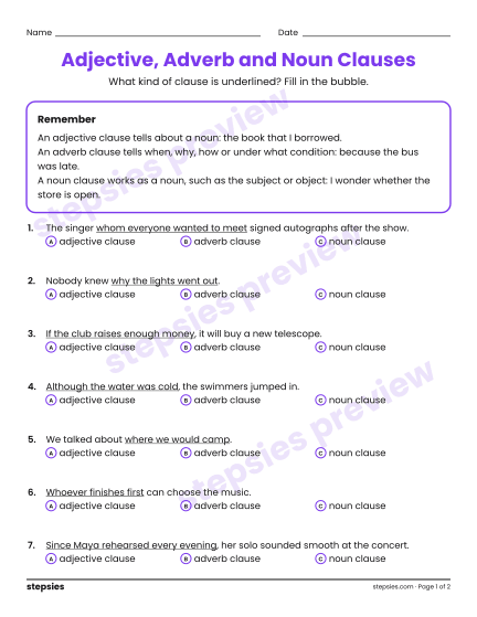 Adjective, Adverb and Noun Clauses, a free printable worksheet from Stepsies (Grades 7–8 Language · Level 6)