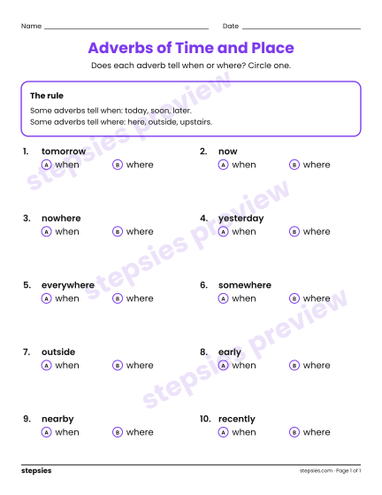 Adverbs of Time and Place, a free printable worksheet from Stepsies (Grades 1–2 Language)