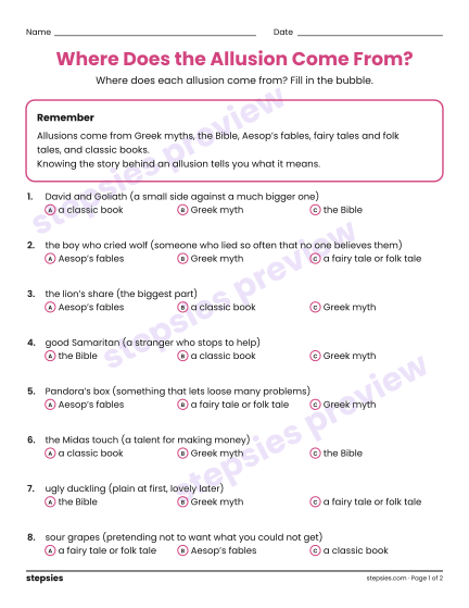 Where Does the Allusion Come From?, a free printable worksheet from Stepsies (Grades 7–8 Language · Level 4)