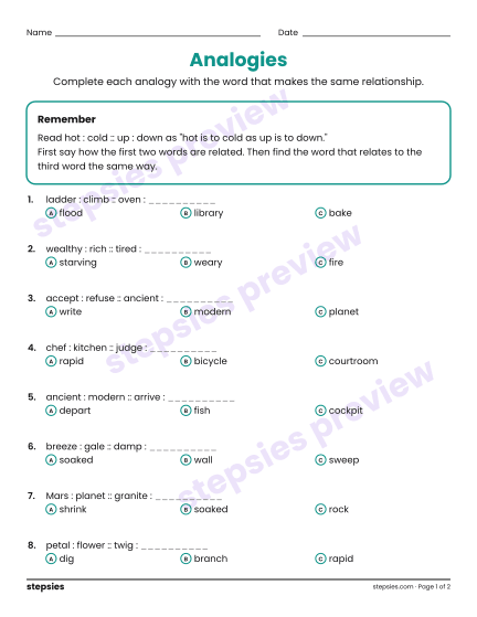 Analogies, a free printable worksheet from Stepsies (Grades 6–8 Language · Level 1)