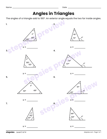 Angles in Triangles, a free printable worksheet from Stepsies (Grades 7–8 Math · Level 3)