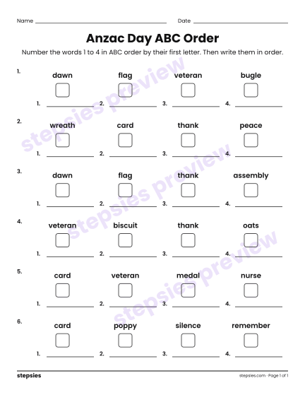 Anzac Day ABC Order, a free printable worksheet from Stepsies (Grades 1–2 Language · Level 1)