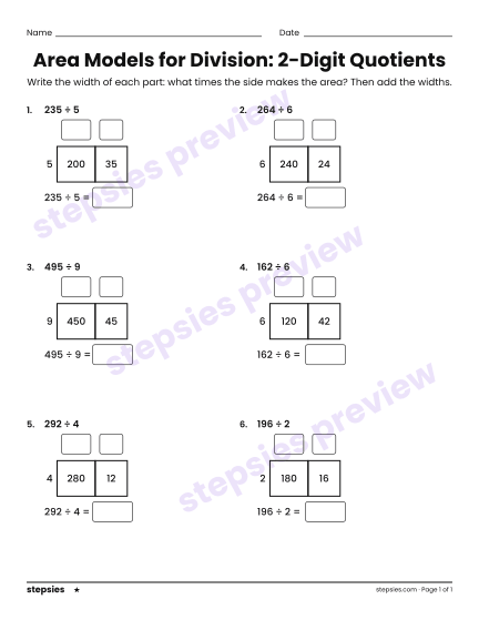 Area Models for Division: 2-Digit Quotients, a free printable worksheet from Stepsies (Grade 4 Math · Level 1)