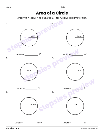 Area of a Circle, a free printable worksheet from Stepsies (Grade 7 Math · Level 2)