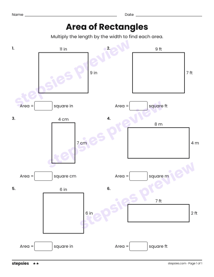 Area of Rectangles, a free printable worksheet from Stepsies (Grades 3–4 Math · Level 2)