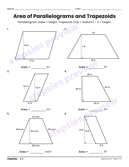 Area of Parallelograms and Trapezoids, a free printable worksheet from Stepsies (Grade 6 Math · Level 2)