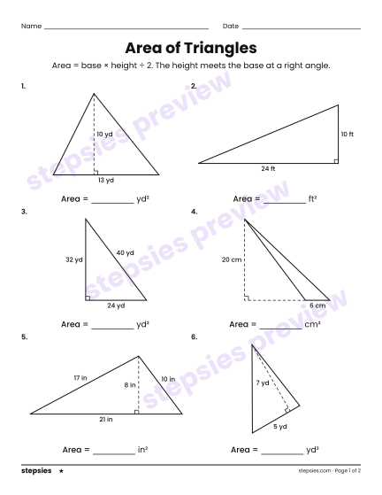 Area of Triangles, a free printable worksheet from Stepsies (Grade 6 Math · Level 1)