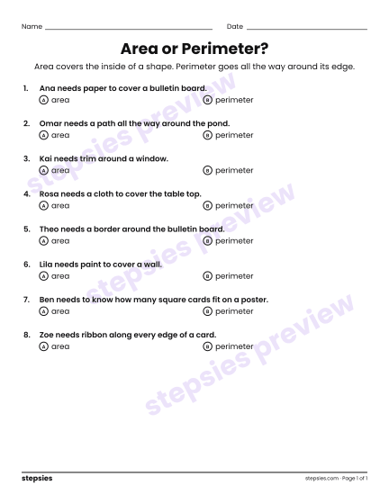 Area or Perimeter?, a free printable worksheet from Stepsies (Grade 3 Math)