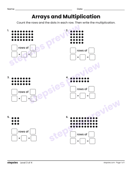 Arrays and Multiplication, a free printable worksheet from Stepsies (Grade 3 Math · Level 3)