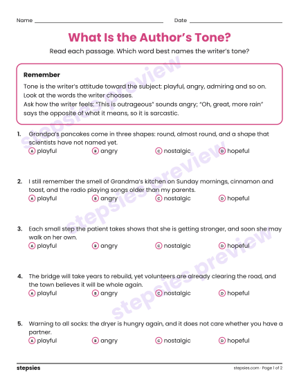 What Is the Author’s Tone?, a free printable worksheet from Stepsies (Grades 6–8 Language · Level 1)