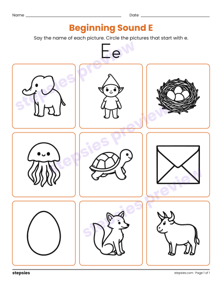 Beginning Sound E, a free printable worksheet from Stepsies (Grades K–1 Language)