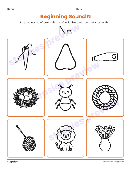 Beginning Sound N, a free printable worksheet from Stepsies (Grades K–1 Language)