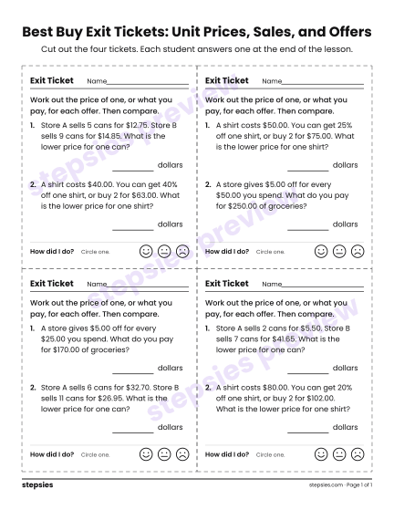 Best Buy Exit Tickets: Unit Prices, Sales, and Offers, a free printable worksheet from Stepsies (Grade 8 Math)