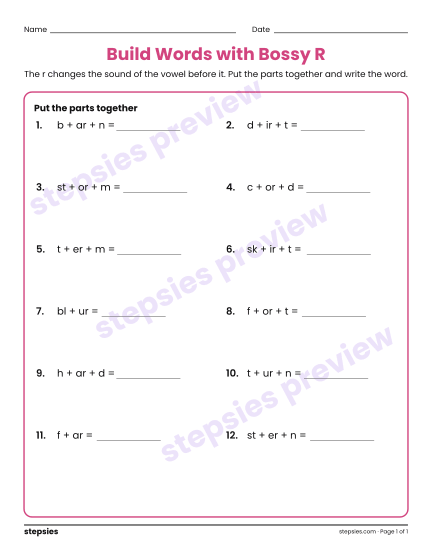 Build Words with Bossy R, a free printable worksheet from Stepsies (Grades 1–2 Language · Level 2)
