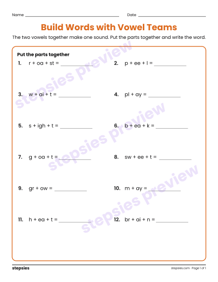 Build Words with Vowel Teams, a free printable worksheet from Stepsies (Grades 1–2 Language · Level 2)