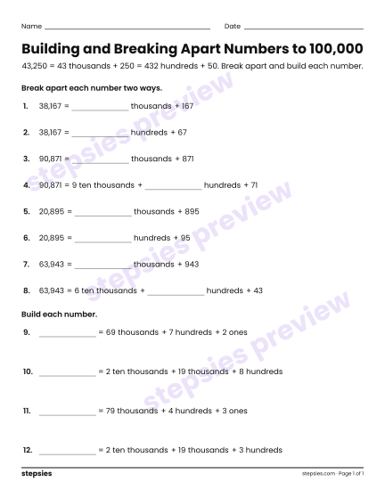 Building and Breaking Apart Numbers to 100,000, a free printable worksheet from Stepsies (Grades 3–5 Math)