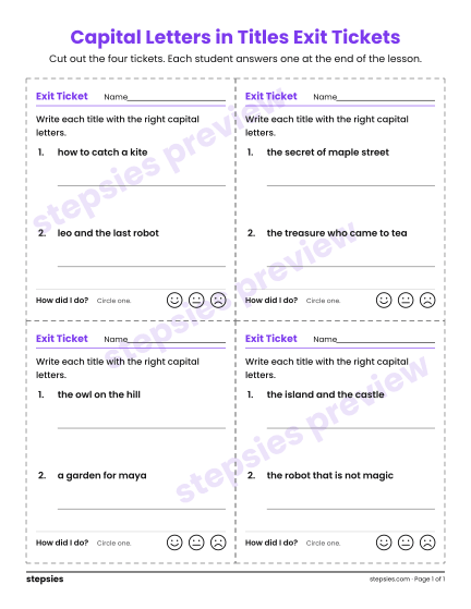Capital Letters in Titles Exit Tickets, a free printable worksheet from Stepsies (Grades 4–5 Language)