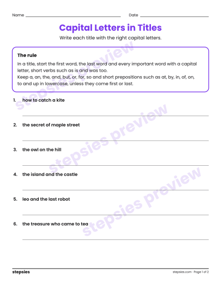 Capital Letters in Titles, a free printable worksheet from Stepsies (Grades 4–5 Language)