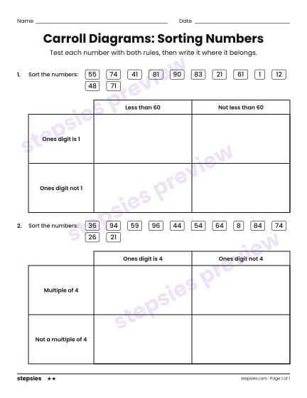 Carroll Diagrams: Sorting Numbers, a free printable worksheet from Stepsies (Grade 3 Math · Level 2)