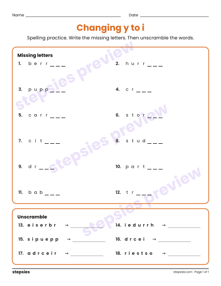 Changing y to i: Spelling Practice, a free printable worksheet from Stepsies (Grade 3 Language · Level 2)