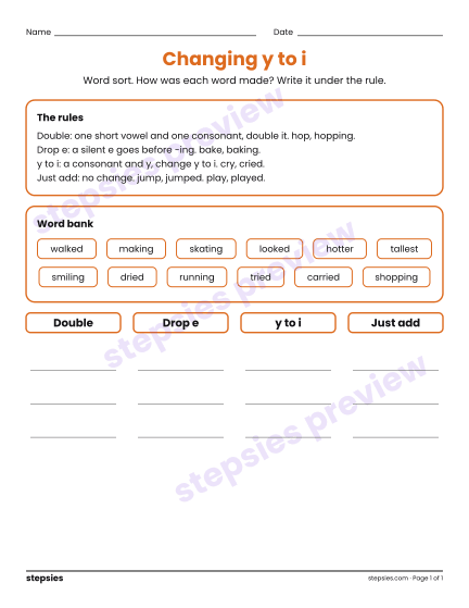 Changing y to i: Word Sort, a free printable worksheet from Stepsies (Grade 3 Language · Level 3)