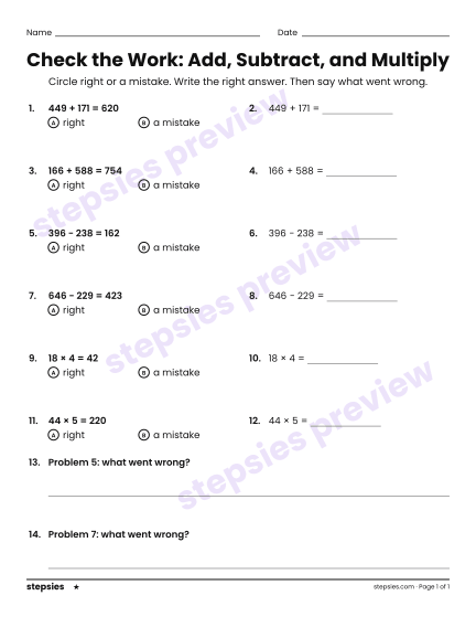 Check the Work: Add, Subtract, and Multiply, a free printable worksheet from Stepsies (Grades 3–5 Math · Level 1)