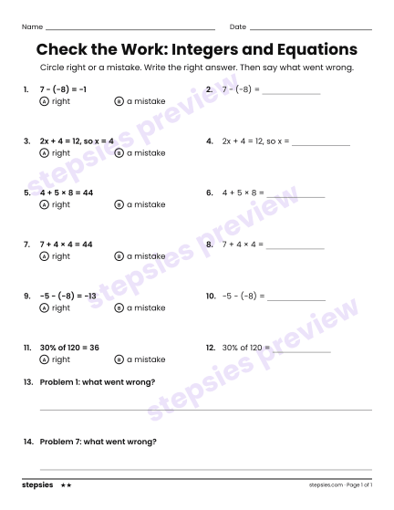 Check the Work: Integers and Equations, a free printable worksheet from Stepsies (Grades 6–8 Math · Level 2)